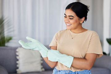 Poster - Cleaning, woman and gloves on hands in home for housekeeping, maintenance and safety. Happy cleaner, housewife and smile in apartment while ready for domestic chores, services and dirt free lifestyle