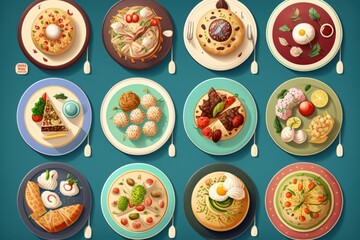 Sticker - collage of various plates of food, top view. Generative AI