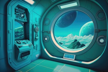 Wall Mural - blue interior of a spaceship with a green background and a window view. generative ai