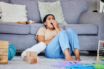 Canvas Print - Cleaner woman tired from house work, yawning and relax on floor with cleaning, housekeeping or hospitality. Burnout, fatigue and exhausted housekeeper, dust and disinfection with overworked maid