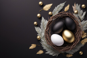 elegant stylish easter background. nest with gold and black decor. template for design. mock up. ai 
