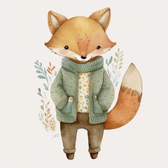 Wall Mural - stylized fox character in human clothes children's drawing on paper painted in watercolor on a light background Generative AI