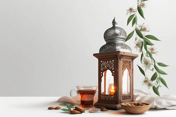 Islamic lantern with flower and tea on white background. Ramadan kareem concept. Generative AI.