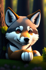 Wall Mural - A cute wolf in a colorful and sunny forest. Generative AI.