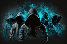 Army Of Hackers. Dangerous Group Of Hackers In Hoods. Internet, Virus, Cybercrime, Cyberattack, And System Exploitation. Dark Skin. Anonymous. A Dark Background Is Covered In Abstract Smoke