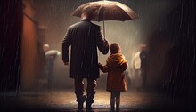 A Man Holding A Umbrella With Him Child From Back, Rain, Wet, Photography