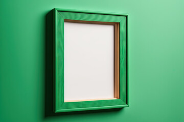 Wall Mural - Mockup of an empty wooden frame with a green background. Generative AI