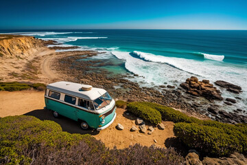 The new Transporter Camping Van California Ocean in the coastal Nature