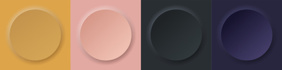Set of neomorphic round backgrounds in gold, pink, black and blue. Background for your design, text, product. Vector EPS 10