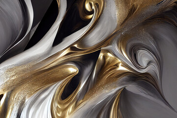 Wall Mural - Fluid art texture. Abstract backdrop with mixing gold white and black paint effect acrylic artwork generative ai.