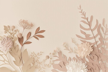Wall Mural - Nude palettes in illustration. Bohemian trendy chic background pattern with botanical floral motifs and gold foil touch in nude beige pastel color palette Generative AI