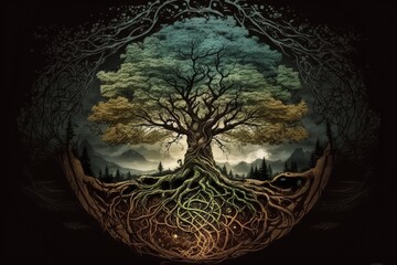 Wall Mural - Yggdrasil, the name of the tree of life in Norse mythology. The world tree or the tree of the world is another name for several locations. Generative AI