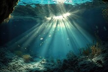 Sunlight Shining Through Water Underwater In A Tropical Area. Generative AI