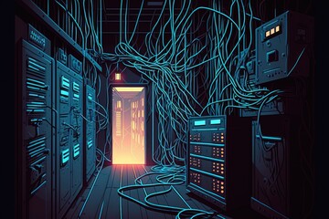 Canvas Print - Dark server room is illuminated by network cables. Generative AI