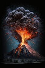 Night Landscape With Volcano And Burning Lava. Volcano Eruption, Fantasy Landscape. 3D Illustration.