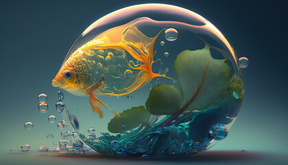 Goldfish in a round aquarium among bubbles