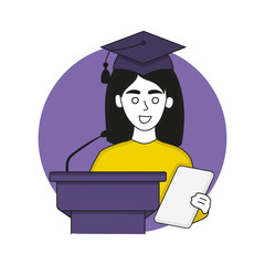 Student in academic cap behind the tribune makes a speech. Woman, diploma defense, bachelors and masters degree, higher education. Vector illustration in yellow and purple colors on white background