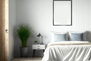 Bedroom mockup with white plank flooring and contemporary decor. For art or print mockups, an empty frame on a wall works best. Generative AI