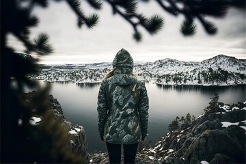 Wall Mural - Beautiful winter mountain landscape, wonderful view of the forest after a long hike of a young girl in warm winter clothes and equipment. Generative AI.