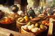 Vintage fantasy: street food  open air market made with generative AI