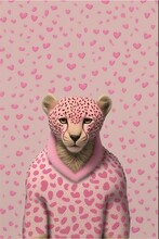 Abstract Pastel Pink Animal Concept Portrait Of A Leopard, In A Leopard Print Warm Pink Sweater. Heart Background. Generative AI.