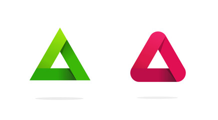 Triangle logo vector icon, pyramid prism green red pink logotype geometric graphic modern design, gradient tech symbol rounded corner sign clipart