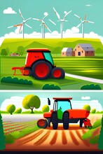 Smart And Organic Farming, Future Ecological Farming Cartoon Vector Concept With Tractor Driving On Rural Road, Wind Turbines Working In Field, Wooden Barns With Solar Panels - Generative Ai