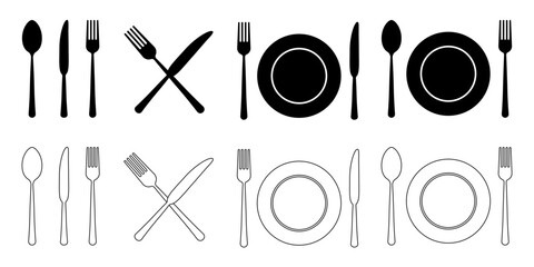 Cutlery silhouettes. Fork, knife, spoon and plate set icons. Vector utensil illustration restaurant symbols. Tableware set flat style. Vector EPS 10