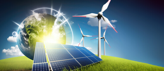Wall Mural - renewable energy banner background with green energy as wind turbines and solar panels