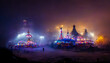 A night fairground wrapped in mist, with dark shapes and enigmatic lights. Ideal for a mystical and poetic image. Generative AI