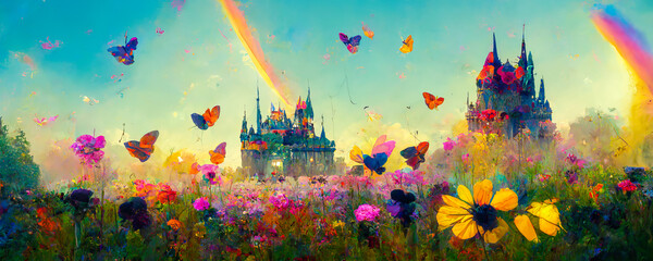 Colorful garden dotted with butterflies, rainbows and a princess' castle on the horizon. An enchanted and fairy tale atmosphere. Generative AI