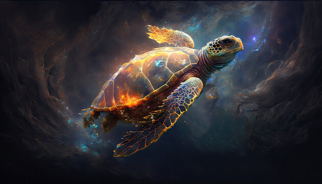 Space Turtle in space. Godlike creature, cosmic, awe inspiring, dreamy digital illustration. Generative ai