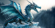 Beautiful Blue Ice Dragon, Ice And Fire Full Body Shot Of Mythical Fantasy Creature With Mountains In The Background.  World Of Ice And Dragon Image Created With Generative Ai