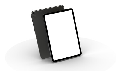 Modern tablet computer stand with blank screen isolated on white background