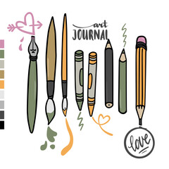 Aufkleber - art journal writing painting equipment set graphic colorful vector elements isolated on white background