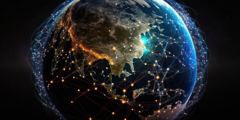 Wall Mural - Internet network for quick data transfer across Earth from space, a worldwide satellite communications grid for the Internet of Things, mobile web, financial technologies