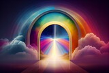Fototapeta Do przedpokoju - Wide size landscape illustration of a beautiful entrance to heaven, shining divinely through the rainbow-colored clouds. Generative AI