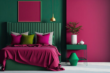 Viva magenta is a trendy color year 2023 in the bright bedroom. Painted mockup wall crimson red burgundy colour and green bed. Template modern room design interior home. Accent carmine. Generative AI