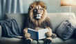 lion reading book on sofa, learning and knowladge concept, Generative ai