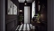 洗練されたコンクリートの床、スカンジナビアのデザイン、generative ai、暗くて不機嫌そうな黒色、スタイリッシュな屋内の豪華な装飾的な玄関を備えた現代的な北欧の家の玄関ホール