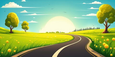 Canvas Print - Panorama of an asphalt road in the countryside on a bright spring day. Route through picturesque natural scenery with the sun, the sky, the grass, and dandelion flowers. Generative AI