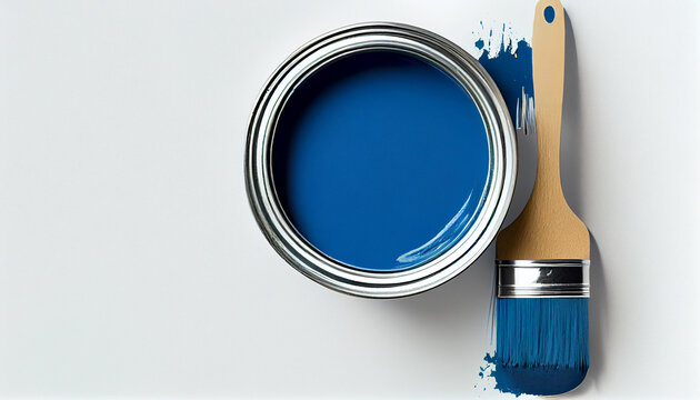blauer farbtopf mit pinsel isoliert auf weißen hintergrund mit platzhalter. wandfarbe zum renovieren
