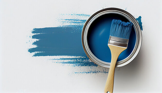 blauer farbtopf mit pinsel isoliert auf weißen hintergrund mit platzhalter. wandfarbe zum renovieren
