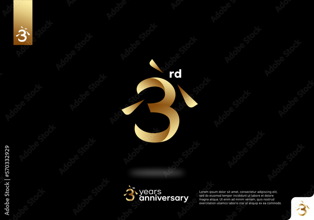 Number 3 gold logo icon design, 3rd birthday logo number, 3rd anniversary.