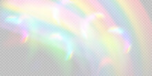 Rainbow Light Prism Effect, Transparent Background. Hologram Reflection, Crystal Flare Leak Shadow Overlay. Vector Illustration Of Abstract Blurred Iridescent Light Backdrop.