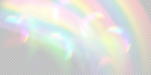 Wall Mural - Rainbow light prism effect, transparent background. Hologram reflection, crystal flare leak shadow overlay. Vector illustration of abstract blurred iridescent light backdrop.