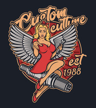 Colour Vector Illustration Pin Up Girl On A Spark Plug. Perfect For Fabric Print, T-shirt Design.
