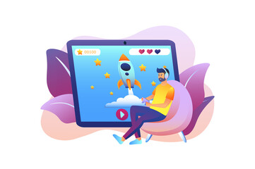 Poster - Gaming violet gradient concept with people scene in the flat cartoon design. Boy plays computer games on a large tablet.