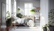 Natural Accents Scandinavian living room, generative ai, in beige color decoration, fashionable style relax home, comfortable bed