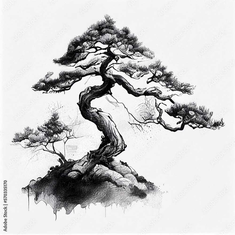 Sumi-e isolated bonsai tree ink sketch isolated on white paper, japanese  illustration generated with AI technology. Stock Illustration | Adobe Stock